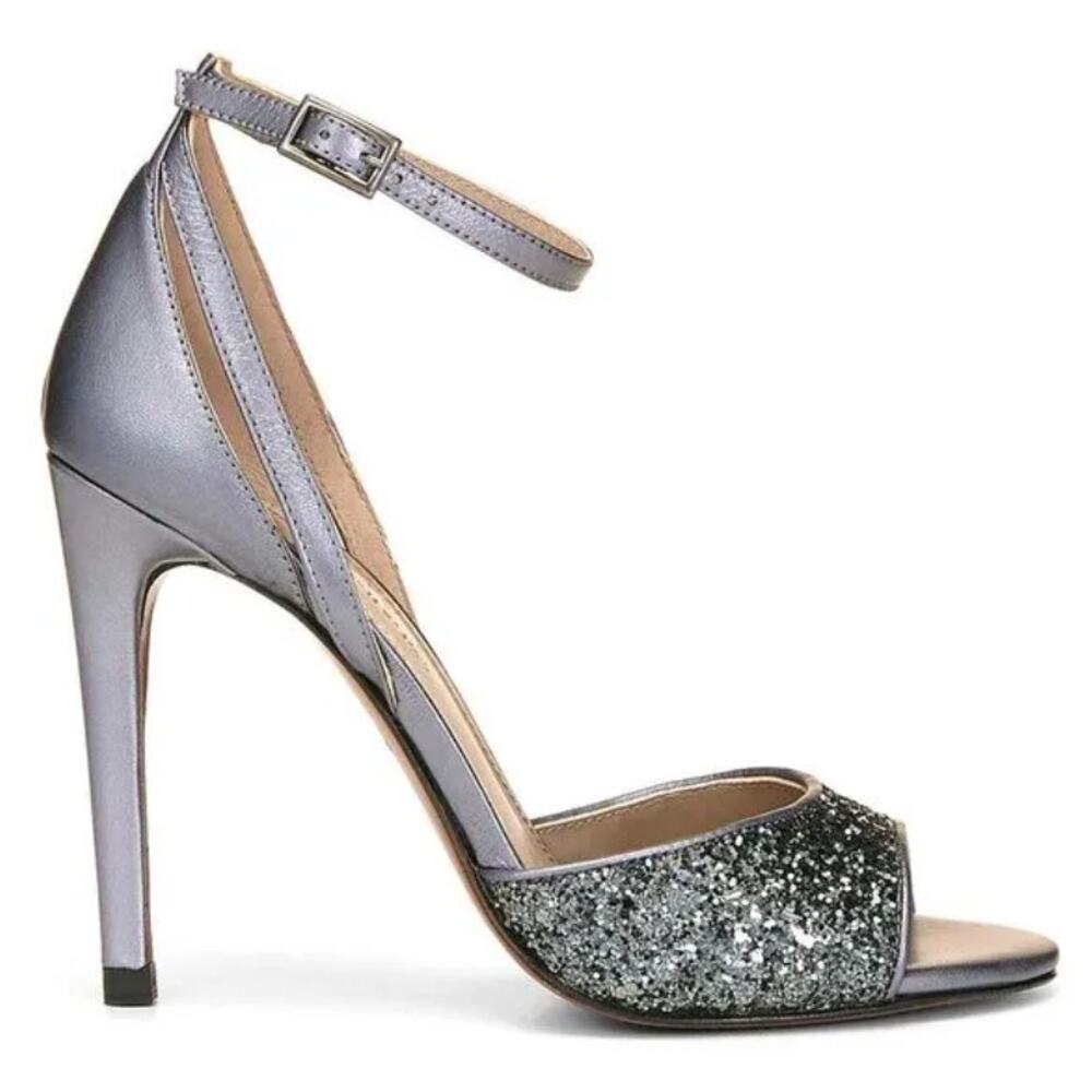 Donald J Pliner Heel Sandals SZ 8.5 Silver Metallic Glitter Peep Toe Ankle Strap